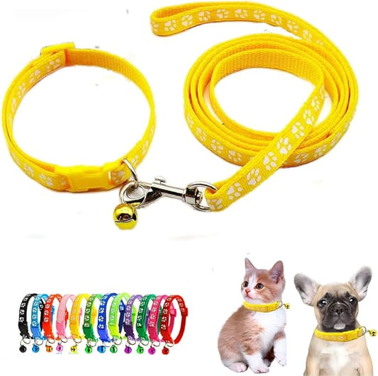 Yellow Small Dog Collar with Bell Leash Set, Nylon Basic Reflective Puppy Collars Paw Print for Boy Girls XXS Xs S Cat Pet Animal Litter Tiny Kitten