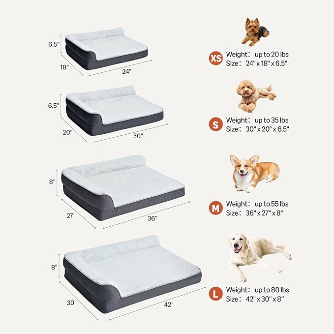 Amazon Basics Washable L-Shaped Dog Bed for Large Dogs, Anti-Slip Pet Sofa Bed for Indoor Dogs, Crate Bed, 42x30x8 Inches, Gray, Large