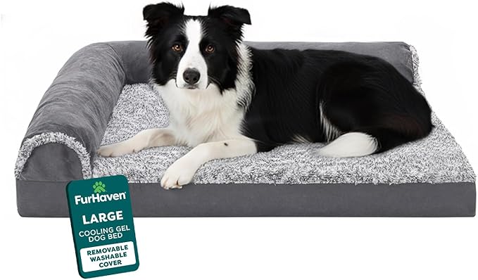 FurHaven Cooling Gel Dog Bed for Medium & Large Dogs, L-Shaped Chaise with Cool Gel-Top Foam with a Solid Orthopedic Foam Base for Joint Support, Washable Cover, Large, Plush & Suede, Stone Gray