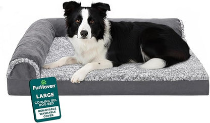 FurHaven Cooling Gel Dog Bed for Medium & Large Dogs, L-Shaped Chaise with Cool Gel-Top Foam with a Solid Orthopedic Foam Base for Joint Support, Washable Cover, Large, Plush & Suede, Stone Gray