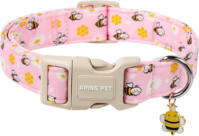 ARING PET Summer Dog Collar, Cute Pink Bee Daisy Floral Pet Collars with Quick Release Buckle for Puppy Small Medium Large Boy Girl Dogs-M