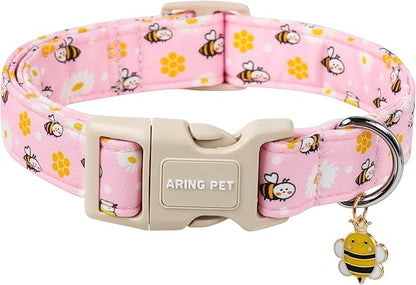 ARING PET Summer Dog Collar, Cute Pink Bee Daisy Floral Pet Collars with Quick Release Buckle for Puppy Small Medium Large Boy Girl Dogs-M