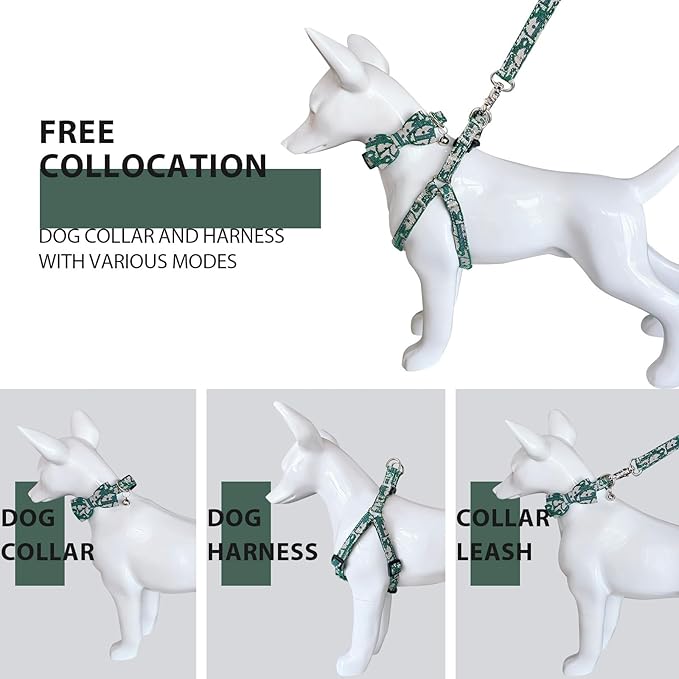 Dog Collar and Harness with Leash Set, Premium Breathable Harnesses for Girl Boy Dogs, No Pull Easy Walking Pet Harness, Green, M