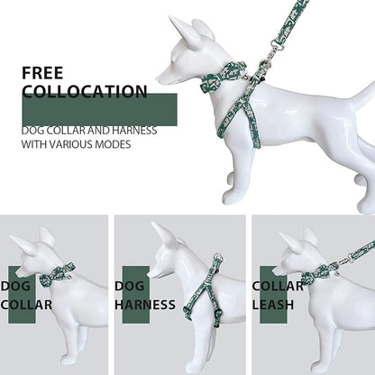 Dog Collar and Harness with Leash Set, Premium Breathable Harnesses for Girl Boy Dogs, No Pull Easy Walking Pet Harness, Green, M