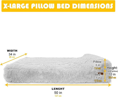 KOPEKS Orthopedic Memory Foam Dog Bed 7" Inch Thick Extra Large Dog Bed with Pillow Fluffy Grey 50"x34"x10" Includes Waterproof Liner & Durable Removable Cover with Smart Design