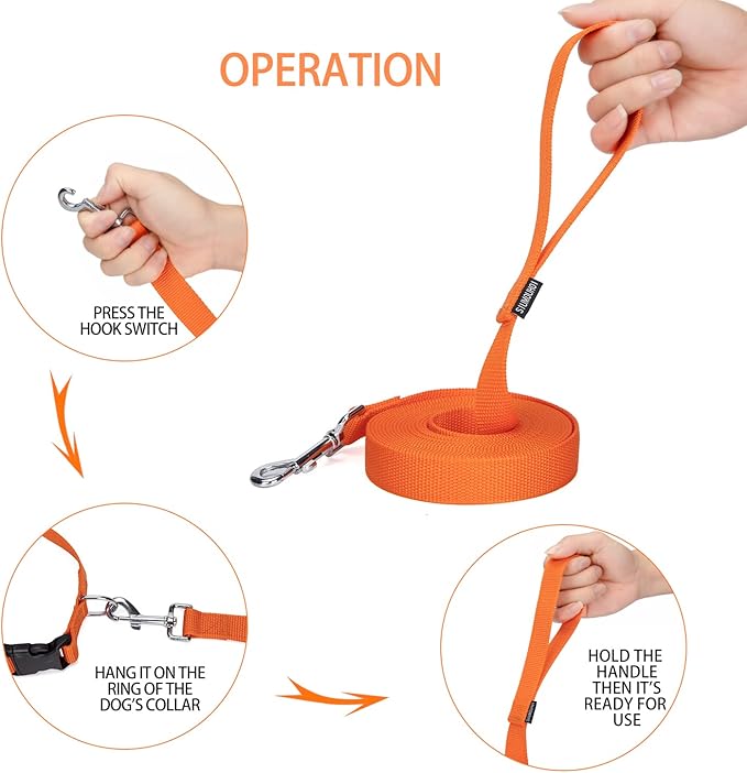 Siumouhoi Strong Durable 15ft Nylon Dog Training Leash, 1 Inch Wide Traction Rope, for Small and Medium Dog (Orange, 15 Feet)
