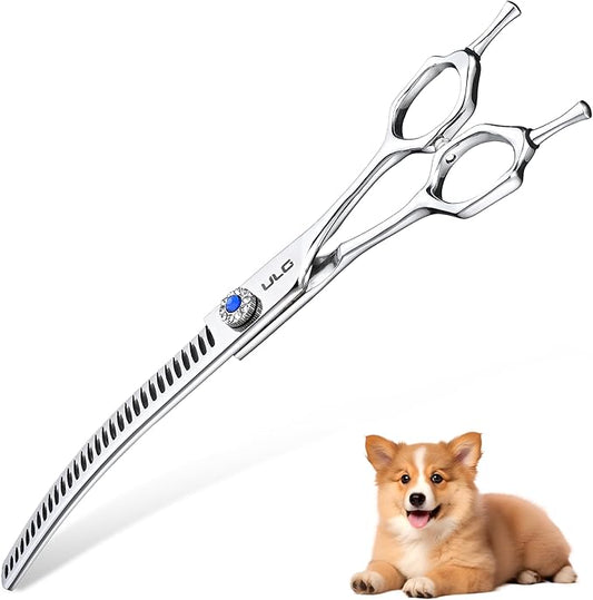 ULG 7.0" Curved Professional Dog Grooming Shears 30-Tooth Precision Thinning (55-60%) Japanese 440C Stainless Steel Adjustable Tension & Universal Left & Right Hand Use
