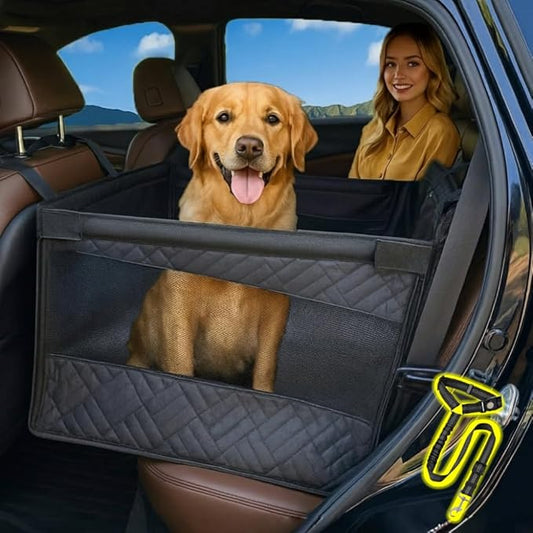 Large Dog Car Seat for Back Seat Half, Waterproof Pet Carseat for Dogs with Hard Bottom & Dog Seatbelt Leash, Washable Back Seat Extender with Storage Pocket for Pets for SUVs, Trucks & Cars