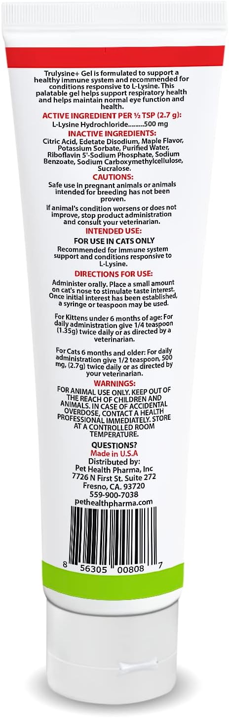 Trulysine Viralysine L-Lysine Gel Supplement for Cats, 5oz - Cats & Kittens of All Ages - Immune Health - Sneezing, Runny Nose, Squinting, Watery Eyes - Palatable Maple Flavor