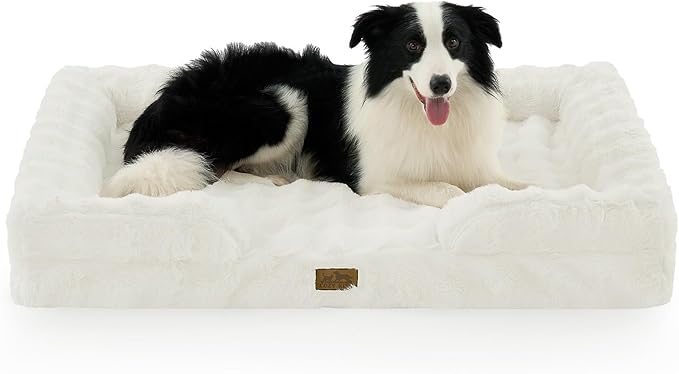 COZY KISS Orthopedic Dog Bed for Large Size Dog, Soft and Warm Faux Fur Extra Large Sofa for Pet Up to 100 lbs, Foam Bolster Anti-Slip Couch with Washable Removable Cover, XL 44x32x7 inch, Beige