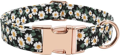 Metal Buckle Dog Collar, Durable Adjustable Dog Collar Soft for Small Medium Large Dogs (001-Black Flower, S(10-14in)