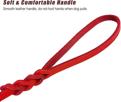 LWBMG Leather Dog Leash - 6ft x 1/2 inch Heavy Duty, Braided, Comfortable Leash for Large, Medium & Small Dogs - Red