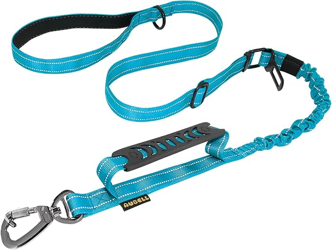 AUBELL Tactical Dog Leash Heavy Duty,4-6ft Reflective Strong No Pull Bungee Leash for Medium Large Dogs with Comfortable Padded Double Handle,Car Seat Belt,360 Degree Rotating Carabiner,Blue
