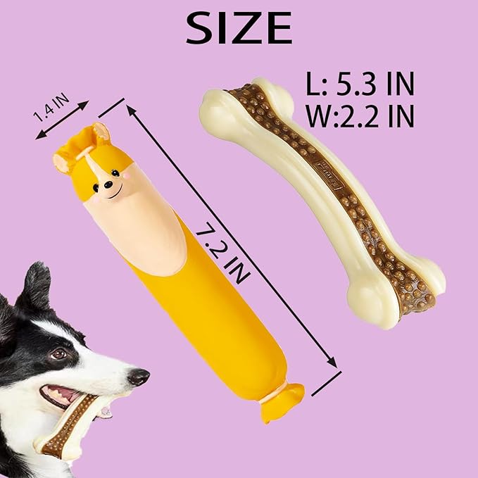 Dog Bone Chew+Latex Toys for Aggressive Chewers, 2 Pack Real Beef Flavor+1Pack Squeaky Funny Interactive Toys , Indestructible Teething Toys for Medium/Large/Small Breed, Toy With Durable Nylon