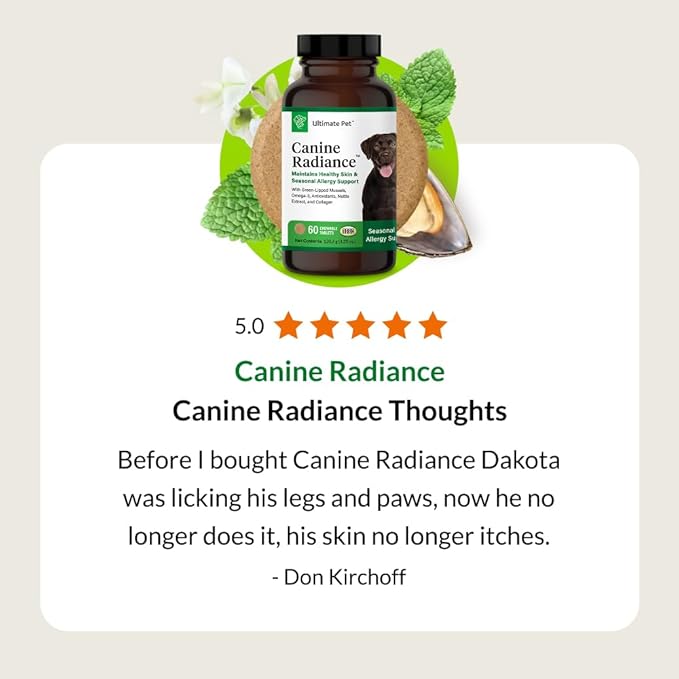 ULTIMATE PET NUTRITION Canine Radiance Skin Allergy Support Supplement for Dogs, Omega-3 Skin Hydration, Antioxidants to Prevent Itching and Strengthen Coat, 60 Chewable Tablets
