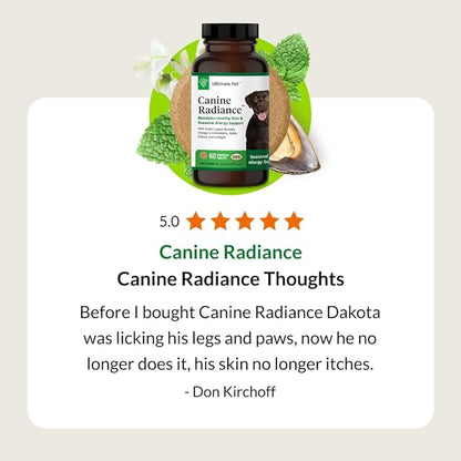 ULTIMATE PET NUTRITION Canine Radiance Skin Allergy Support Supplement for Dogs, Omega-3 Skin Hydration, Antioxidants to Prevent Itching and Strengthen Coat, 60 Chewable Tablets