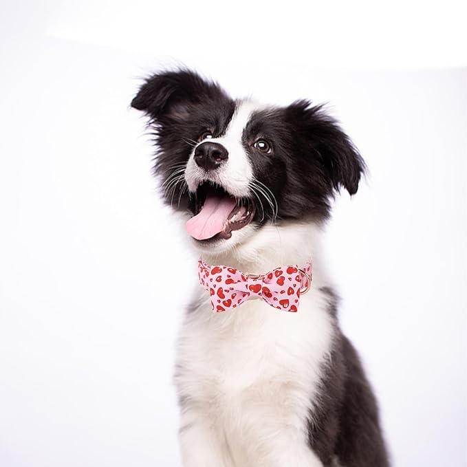 Valentines Dog Collar with Bow Tie, Cotton Pink Bowtie Dog Collar, Cute Red Heart Pet Collar with Metal Buckle Adjustable for Boys&Girls Dogs, Small