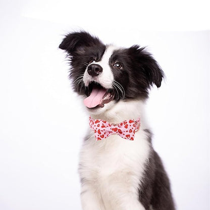 Valentines Dog Collar with Bow Tie, Cotton Pink Bowtie Dog Collar, Cute Red Heart Pet Collar with Metal Buckle Adjustable for Boys&Girls Dogs, Large