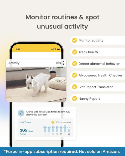 Furbo 360° Dog Camera + Mini [New Subscription Required at Setup] 2-Camera Bundle Nanny Pro Subscription: Dog Safety & Home Security Alerts, Pet Camera with Speaker, Phone App & Night Vision