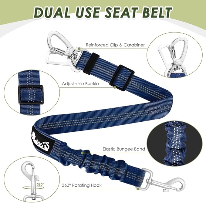 Lukovee Dog Seat Belt for Car, Adjustable Dog Car Harness for Large Medium Small Dogs, Soft Padded & Breathable Mesh Dog Seatbelt with Car Vehicle Connector Strap (Blue Double Clip,Large)