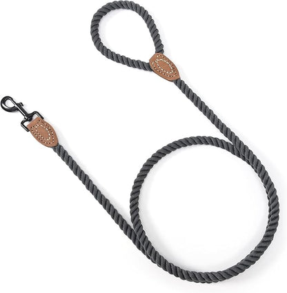 Mile High Life Dog Leash, Braided Cotton Rope Leashes with Leather Tailor Tip with Leather Tip - Heavy Duty Metal Clasp, 5FT, 1/2" Thick - Wedding, Walking for Medium Large Dogs(Dark Gray)