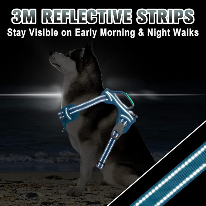 BARKBAY No Pull Dog Harness Large Reflective Dog Harness with Front Clip and Easy Control Handle for Walking Training Running with ID tag Pocket(Blue,XL)