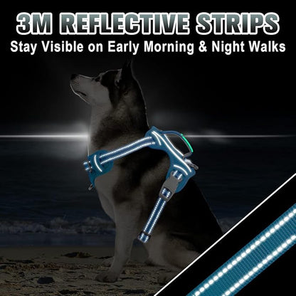 BARKBAY No Pull Dog Harness Large Reflective Dog Harness with Front Clip and Easy Control Handle for Walking Training Running with ID tag Pocket(Blue,XL)