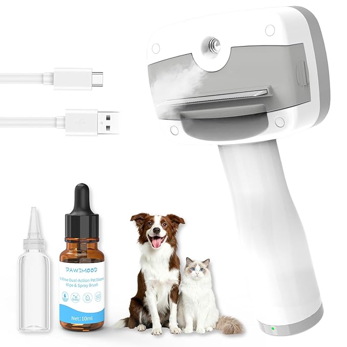 Pawimood Pet Steam Brush for Dogs & Cats – Self Cleaning, 3 in 1 Hair Removal Comb Steam for Thinning & Grooming for Long & Short Haired Pets, Includes Pet Essence