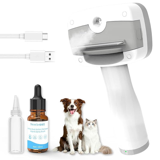 Pawimood Pet Steam Brush for Dogs & Cats – Self Cleaning, 3 in 1 Hair Removal Comb Steam for Thinning & Grooming for Long & Short Haired Pets, Includes Pet Essence