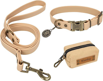 Wisedog Dog Collar and Leash Set, Waterproof Adjustable Puppy Collars with Cute Tag 5FT Dog Leash with Poop Bag for Small Medium Large Dogs (L, Sand Color)