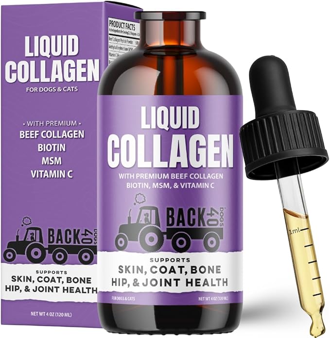 Back 40 Dogs Premium Grass-Fed Liquid Collagen for Dogs Skin and Coat, Hips and Joints | Allergy Relief with Biotin, Vitamin C and MSM for Joint, Nails & Immunity | Made in USA