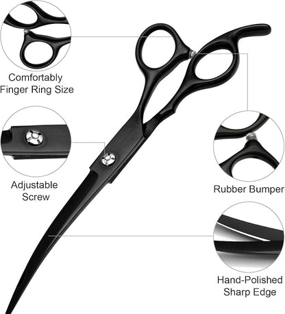 FAIGEO Professional Dog Grooming Scissors Set Stainless Steel Dog Grooming Kit - Thinning, Curved Scissors and Comb for Cat Pet (Black 5 in1)
