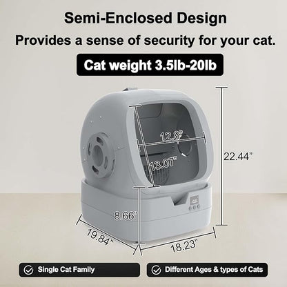 Mintakawa Automatic Cat Litter Box Self Cleaning - APP Control and Weight Monitoring - Ultra-Quiet, Suitable for Medium Cats and Kittens, Safe Anti-Pinch Litter Box (Assembly Required) - Light Grey