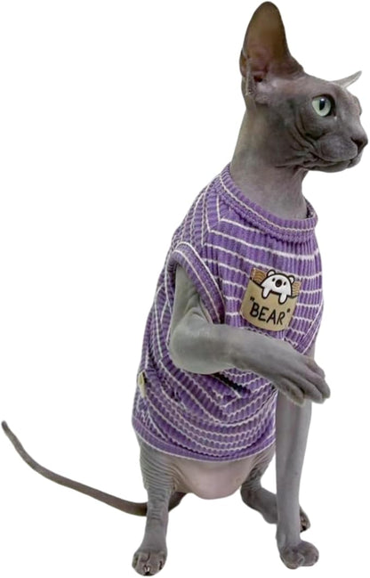 Sphynx Cat Clothes Vest for Hairless Cat, Rib Knit Stripe Cats T-Shirt Apparel, Kitten Summer Cotton Shirts Sleeveless for Cornish Rex, Devon Rex, Peterbald (Purple, M (5.5-7.2 lbs))