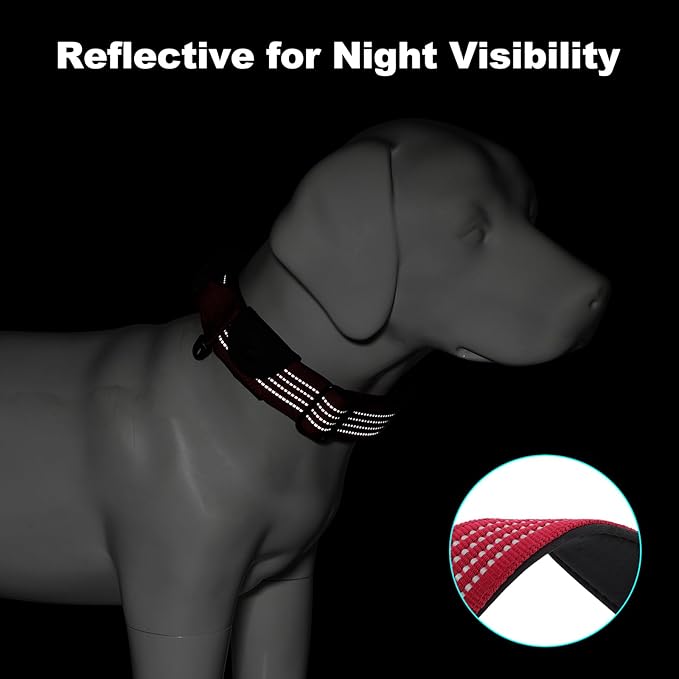Plutus Pet Tactical Dog Collar with Tracker Pocket for AirTag, Adjustable Reflective Nylon Collar, Metal Buckle, Leather-Wrapped Handle, Soft Padded for Medium Large Dogs (Burgundy Red, L)