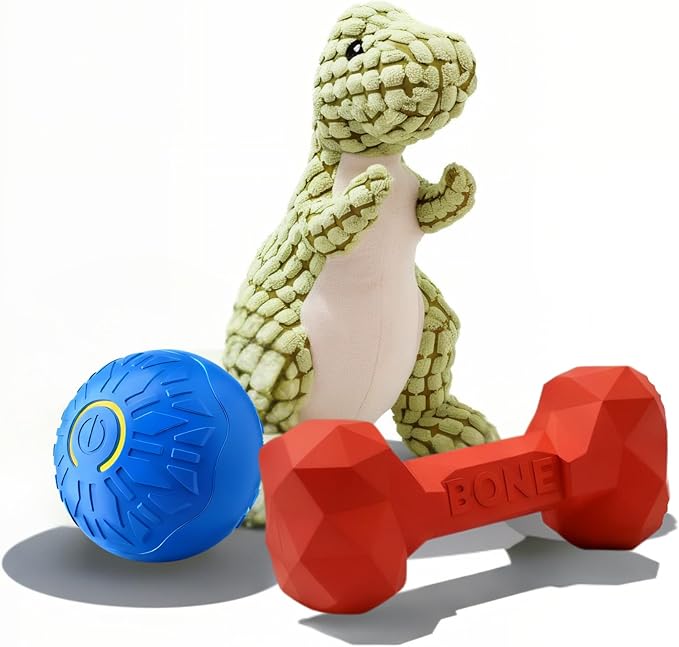 Interactive Dog Toy Play Set for Puppies & Small to Medium Dogs – Includes Self Rolling Ball, Durable Rubber Treat Chew Bone & Squeaky Plush Dinosaur