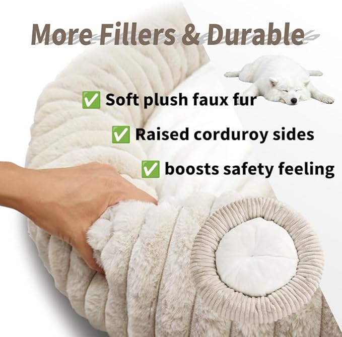 31.5“ Calming Dog Bed for Large Dog-Donut Dog Bed – Faux Rabbit Fur + Shredded Memory Foam & Polyester Fill, Ultra-Comfort Calming Round Pet Bed for Medium/Large Dogs, Easy Care