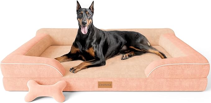 CWAWZ XXL Dog Bed for Extra Large Dogs, Giant Orthopedic Dog Bed with Cooling Gel Memory Foam, Waterproof Pet Bed with Removable Washable Cover, 53" Pet Sofa bed Dutch Velvet with Bone Toy, Peach Pink