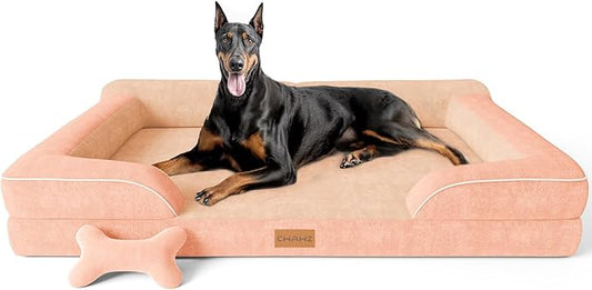 CWAWZ XXL Dog Bed for Extra Large Dogs, Giant Orthopedic Dog Bed with Cooling Gel Memory Foam, Waterproof Pet Bed with Removable Washable Cover, 53" Pet Sofa bed Dutch Velvet with Bone Toy, Peach Pink