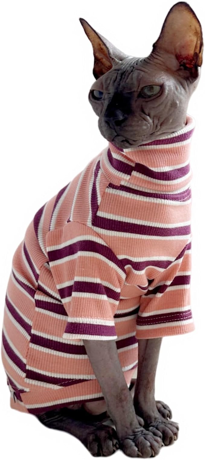 Turtle Neck Vintage Stripes Sphynx Hairless Cat Cotton T-Shirts Pet Clothes Vest Kitten Shirts Sleeveless, Cats & Small Dogs Apparel (Pink, XL (9-12.5 lbs))