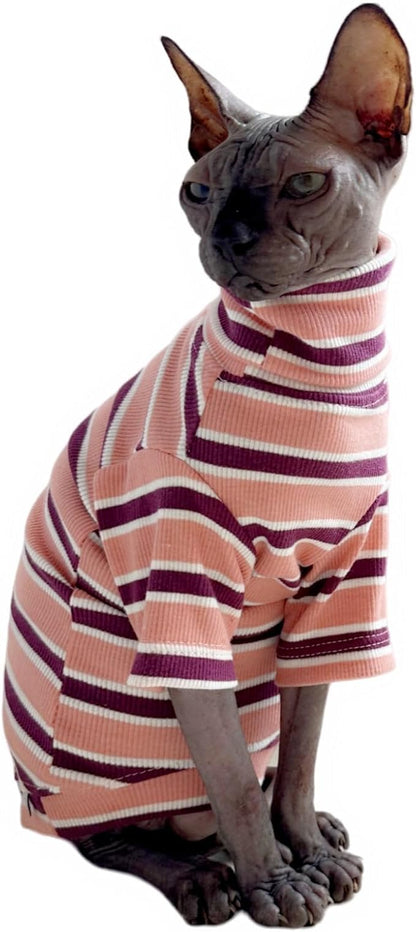 Turtle Neck Vintage Stripes Sphynx Hairless Cat Cotton T-Shirts Pet Clothes Vest Kitten Shirts Sleeveless, Cats & Small Dogs Apparel (Pink, (7-8.8 lbs))