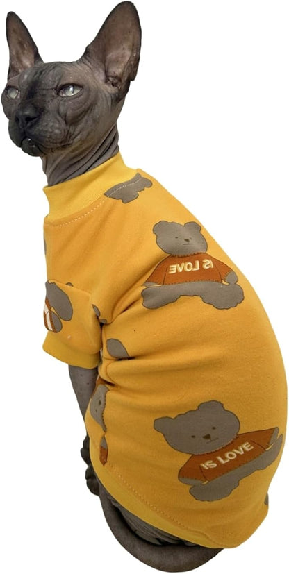 Limited Edition Sphynx Cat T-Shirts Elastic Hairless Cat Sweatshirt Pet Kitten Clothes Round Collar Kitten Shirts Vest Cats & Small Dogs Apparel (Bear, XL (10-12 lbs))