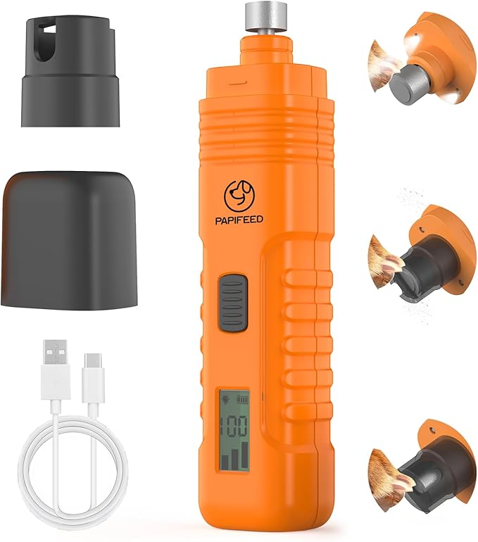 PAPIFFEED Dog Nail Grinder – Quiet Electric Nail Trimmer with Dual LED Light, Safe for Black & Thick Nails, Rechargeable for Small Medium Large Dogs & Cats (Orange)