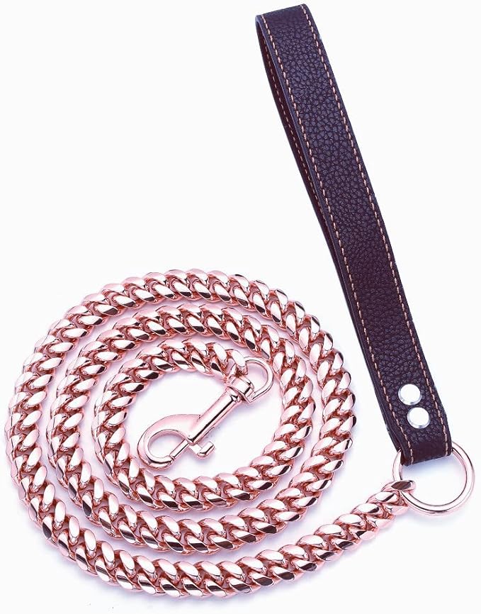 Rose Gold Dog Chain Leash 10MM 14MM Curb Cuban Link Chain Dog Leash Strong Chew Proof Stainless Steel Leash 3FT/4FT/5FT for Small Medium Large Dogs(14mm,5ft)…