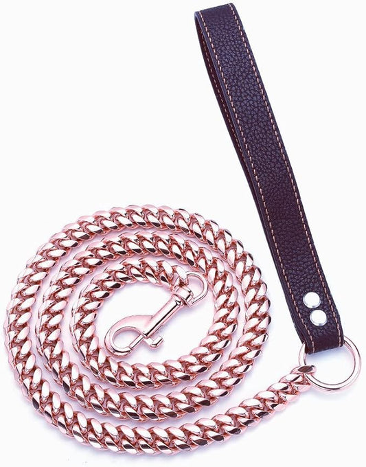 Rose Gold Dog Chain Leash 10MM 14MM Curb Cuban Link Chain Dog Leash Strong Chew Proof Stainless Steel Leash 3FT/4FT/5FT for Small Medium Large Dogs(14mm,4ft)…