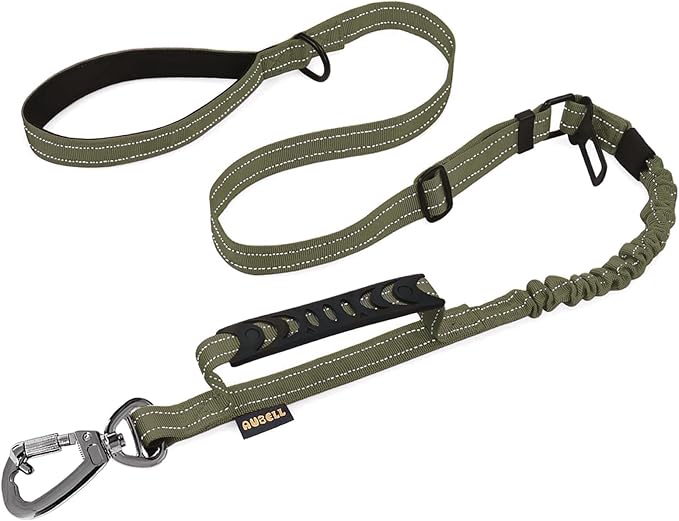 AUBELL Tactical Dog Leash Heavy Duty,4-6ft Reflective Strong No Pull Bungee Leash for Medium Large Dogs with Comfortable Padded Double Handle,Car Seat Belt,360 Degree Rotating Carabiner,Green