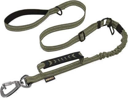 AUBELL Tactical Dog Leash Heavy Duty,4-6ft Reflective Strong No Pull Bungee Leash for Medium Large Dogs with Comfortable Padded Double Handle,Car Seat Belt,360 Degree Rotating Carabiner,Green