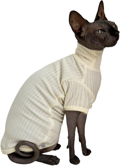 Sphynx Cats Shirt Cat Turtleneck Cotton Sweater Pullover Kitten T-Shirts with Sleeves Cat Pajamas Jumpsuit for Sphynx Cornish Rex, Devon Rex, Peterbald (White, X-Large (Pack of 1))