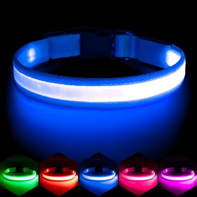 Vizpet LED Dog Collar, Light Up Dog Collar Adjustable USB Rechargeable Super Bright Safety Light Glowing Collars for Dogs(X-Large,Blue)