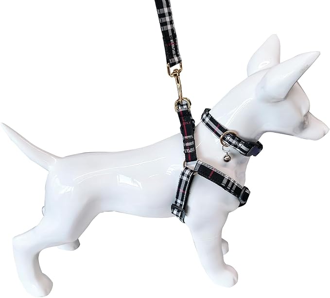 NISIYE Cute Plaid Dog Collar Harness and Leash with Safety Buckle - Adjustable and No Pull Comfortable Dog Collars for Small Puppy, Stylish Durable Gift for Boy Girl Pets